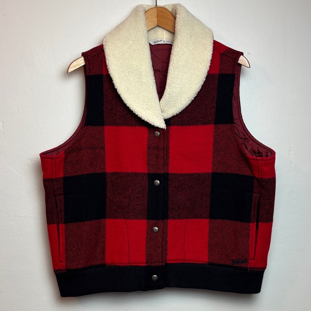 Woolrich Women’s XL Giant Buffalo Plaid Wool Vest Sherpa Collar Quilted Lining